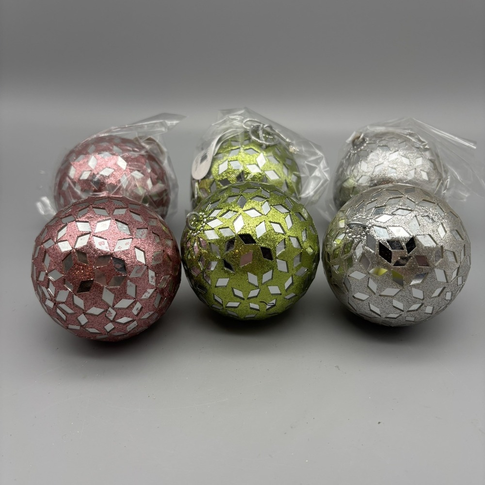 Midwest CBK Mirror‎ Mosaic Christmas Ornaments Set of 6 Pink Green Silver